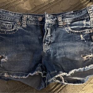 Silver Jeans Blue Distressed Jean Shorts with Frayed Hem